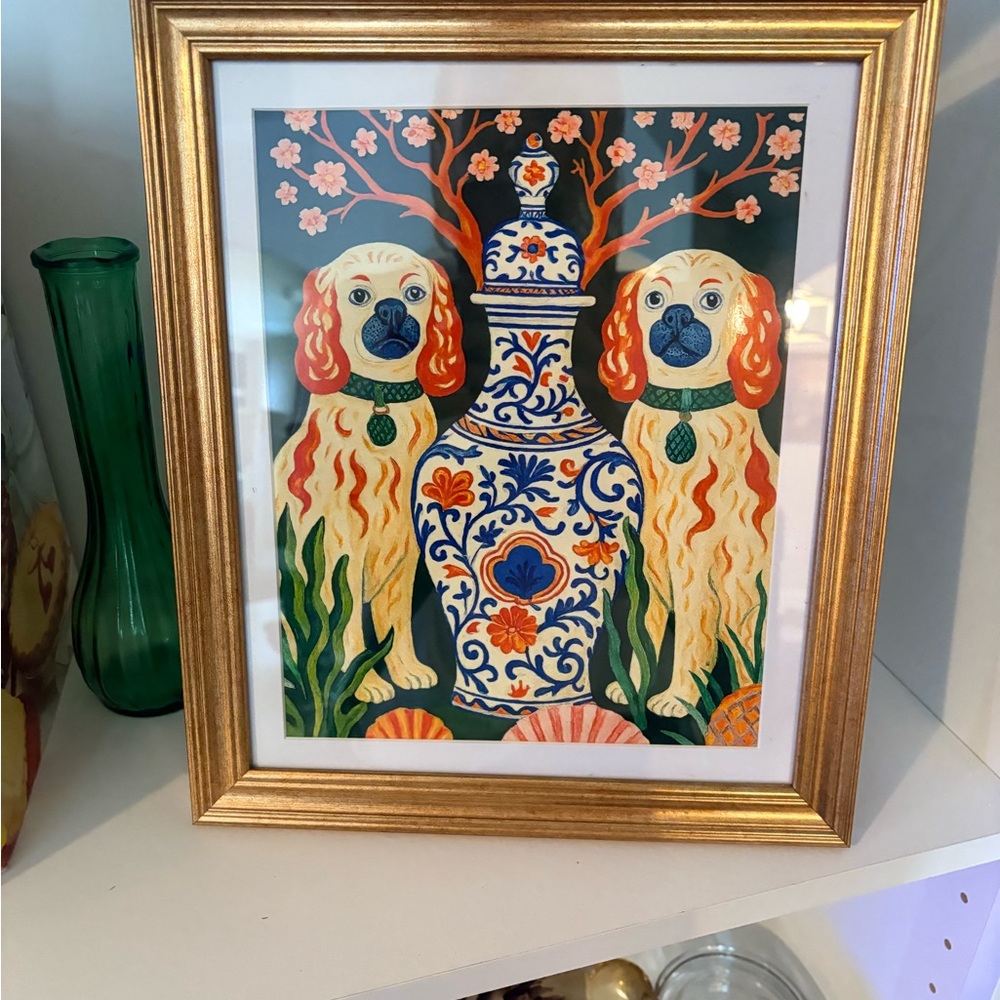 Framed Home Art Print - Blue & Gold Vase with Dogs